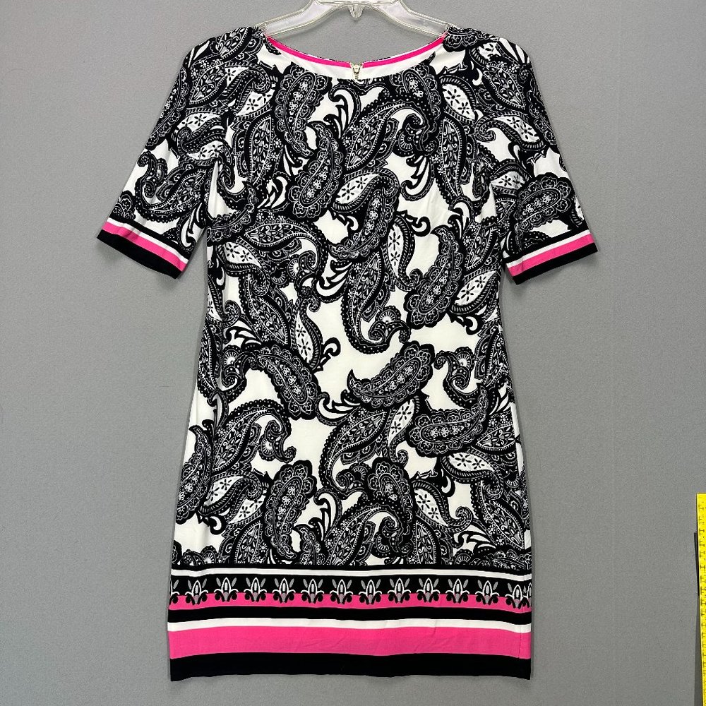 Eliza J Dress Paisley Print Exposed Gold Zipper Knee Length Shift Size 8P NEW